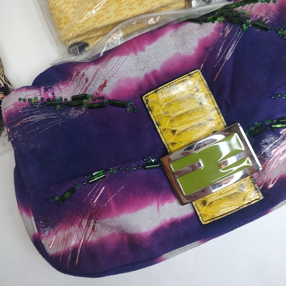 Fendi Suede Baguette Shoulder Bag NWT Beaded Python Flap Handbag Clutch Purple - Picture 5 of 16